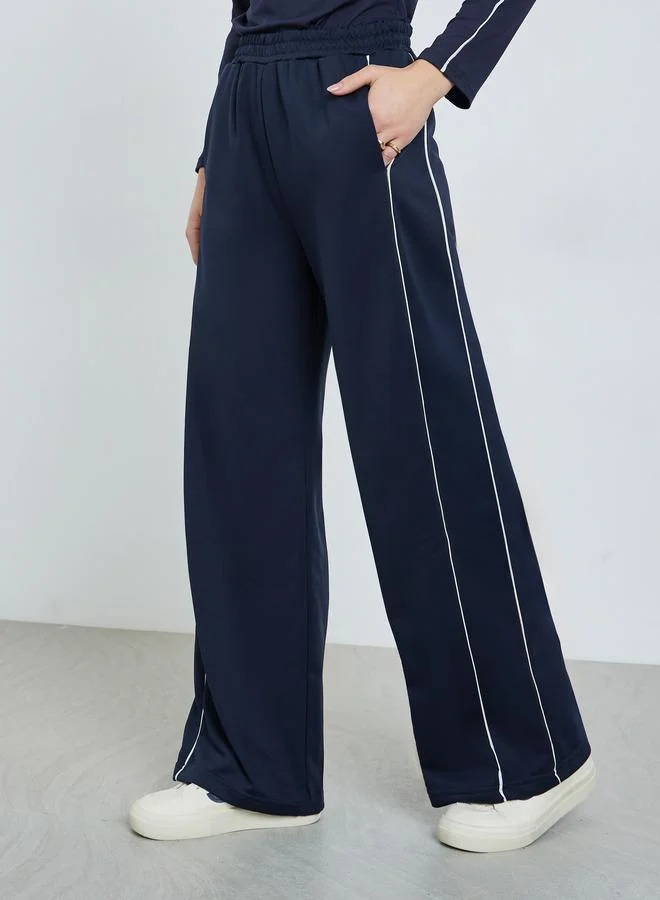 Styli Navy Blue Wide Leg Joggers with Side Stripe